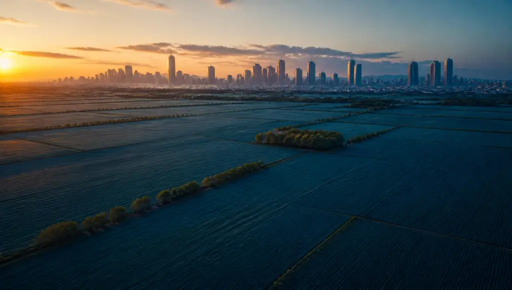 Vista aérea de área agrícola extensa ao entardecer com skyline urbano ao fundo