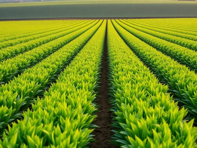 Grande área agrícola cultivada com linhas de plantio