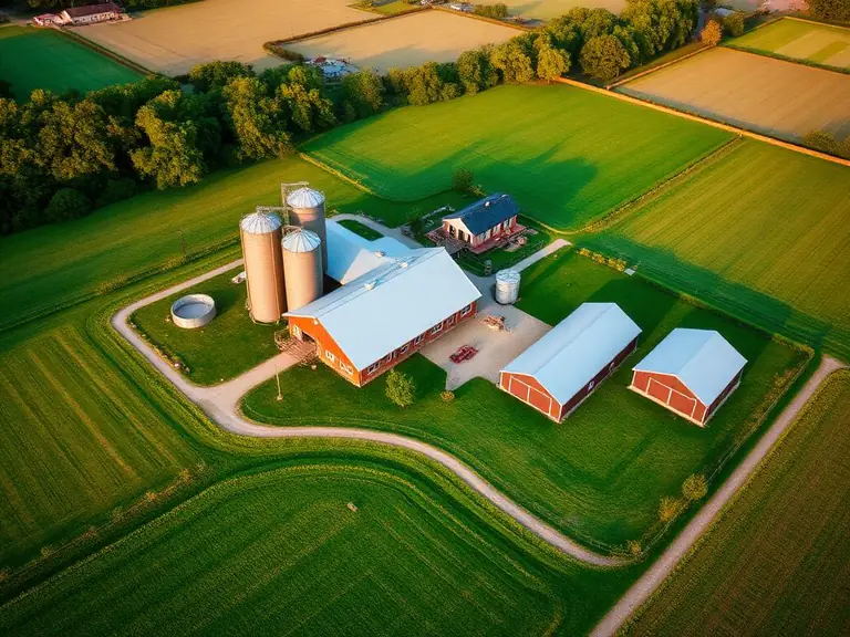 Vista aérea de propriedade rural de alto padrão com silos e benfeitorias